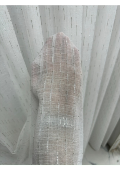 Hafif Saçak Çizgili Keten Tül Perde 1/3 Sık Pile Kırık Beyaz