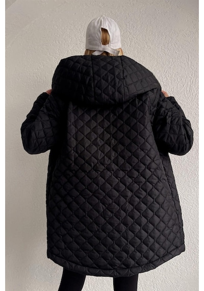 Ceyss Design Oversize Kapitone Kapşonlu Fermuar Ve Çıtçıt Kapama Ribana Kol Detaylı Elyaf Dolgulu Mont-siyah Siyah