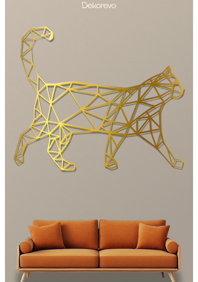 Geometrik Kedi Metal Duvar Tablosu - Metal Duvar Sanatı - Altın - 40 X 50 Cm