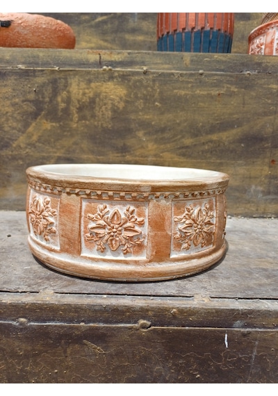 Çiçek Desenli Taş Saksı 25cm Çap 12cm Yükseklik