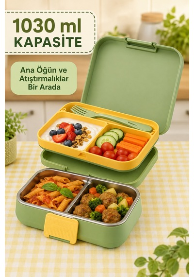 Happi Dinozor Paslanmaz Çelik Bölmeli Beslenme Kutusu 1030 Ml Çatal Kaşık Dahil Yeşil
