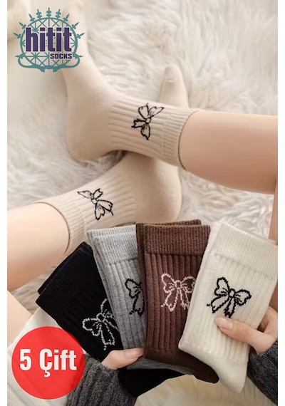 Hitit Socks Kadın 5 Çift Premium Kalite Kurdele Desenli Günlük Kullanıma Uygun Kolej Çorap Çok Renkli