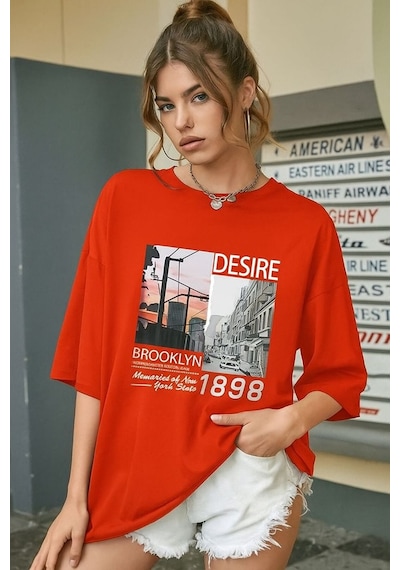 Brooklyn Baskılı Unisex Tişört Turuncu