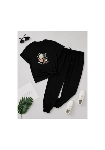 Herkesemoda Deniz Kabukları Baskı Detaylı T-shirt Eşofman Takımı Siyah