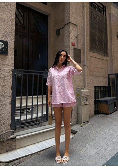 Nido Moda Kadın Oversize Fisto Gömlek Ve Beli Lastikli Şort İkili Takım Pembe