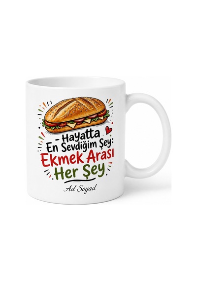 Karbonhidrat Aşığı Ekmek Arası Gurme Hamur İşi Aşığı Seramik Kupa Bardak Hediye Beyaz / Çok Renkli