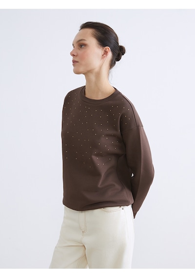 Lcw Everyday Kahverengi Taşlı Oversize Kadın Kalın Sweatshirt