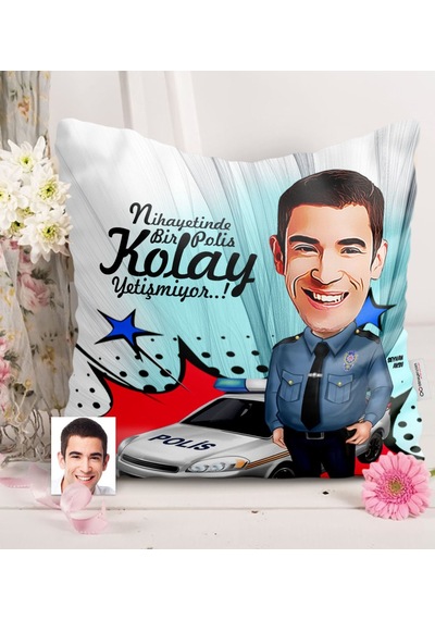 Kişiye Özel Bay Polis Karikatürlü Saten Yastık - 6