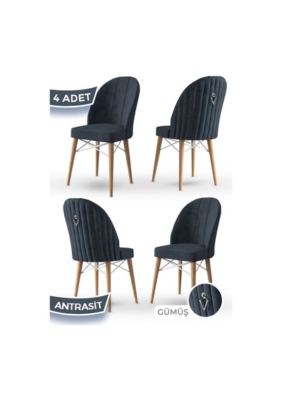 Canisa Ritim Serisi 4 Adet Antrasit Sandalye 1.sınıf Babyface Ithal Kumaş Doğal Ahşap Ayak Gümüş Halkalı Sandalye Antrasit Ayaklar Doğal Ahşap