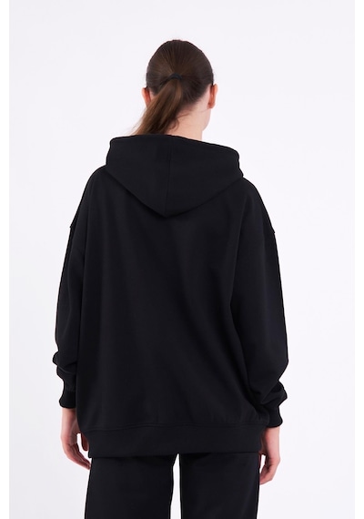 Comeor Siyah Kanguru Cepli Kapüşonlu Fermuarlı Oversize Kadın Sweatshirt 001