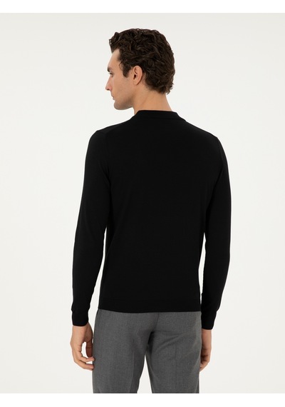 Cacharel Siyah Slim Fit Yün Karışımlı Çeyrek Balıkçı Yaka Basic Triko Kazak