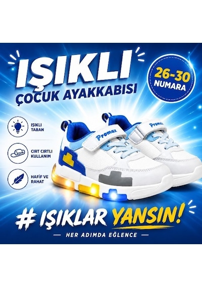 Promax Çocuk Işıklı Cırtlı Patik Spor Ayakkabısı 26-30 Beyaz Sax