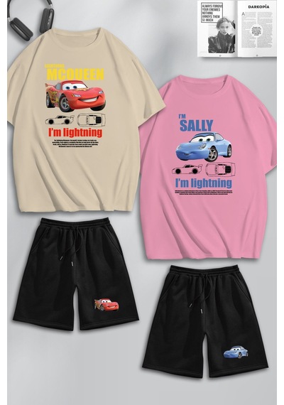Unisex Kadın Erkek I'm Sally & Mcqueen Baskılı Sevgili Çift Kombini Tasarım Oversize T Shirt Ve Şort Bej Pembe Siyah Mck0391 Çok Renkli