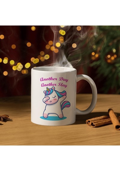 Another Day Another Slay Unicorn Baskılı Kupa Bardak Komik Yazılı Hediyelik Çay Kahve Kupası Coffee Mug Beyaz - Çok Renkli