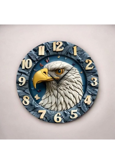 AA Shop Renkli Baskı Kartal Hayvan Desenli Sayılı Hediyelik Ahşap Sessiz Duvar Saati 50cm ÇOk Renkli
