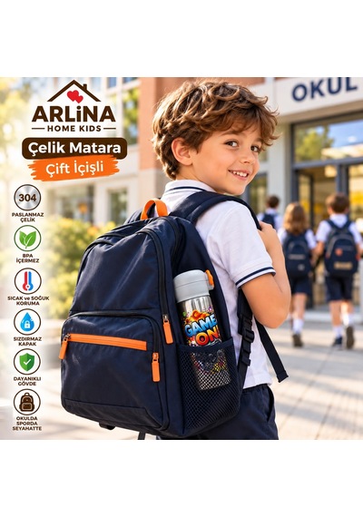 304 Paslanmaz Çelik Termos Çift İçim Modlu Kilit Kapaklı Çocuk Matarası 600 Ml Turuncu
