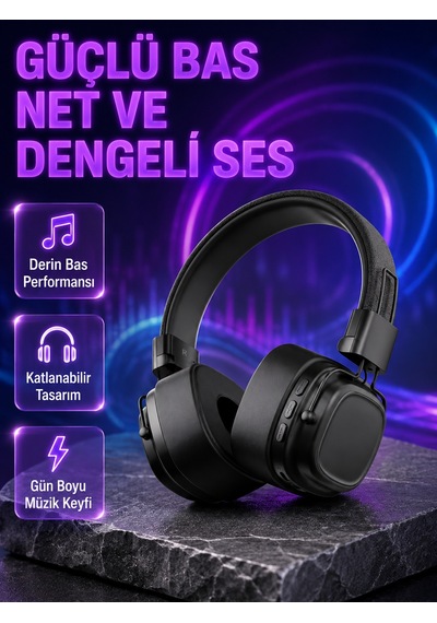 Kulak Üstü Güçlü Bas Katlanabilir Tasarım Bluetooth Kulaklık
