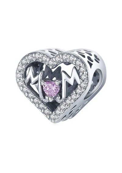 Nur Silver 'mom' Yazılı Pembe Taşlı Kalp Gümüş Charm Nur-bl00330