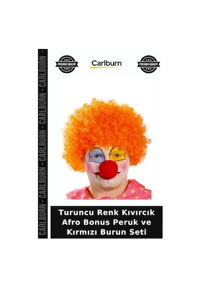Turuncu Renk Kıvırcık Afro Bonus Peruk Ve Kırmızı Burun Seti Eğlence Peruğu