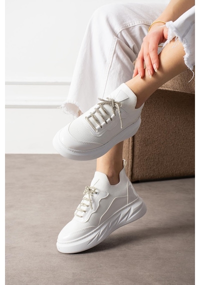Shoetek Polivya Kadın Sneakers Taşlı Bağcıklı Triko Dokumalı Spor Ayakkabı Beyaz Deri Beyaz Shoetek Polivya Kadın Sneakers Taşlı Bağcıklı Triko Dokumalı Spor Ayakkabı Beyaz Deri Beyaz