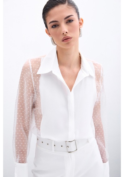 Sateen Organze Detaylı Gömlek - Ekru-135969 Ekru