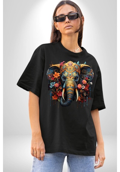 Bereket Fil Hintli Tasarım Pamuklu Bisiklet Yaka Unisex Oversize Boyfriend Dijital Baskılı Siyah T-shirt Siyah
