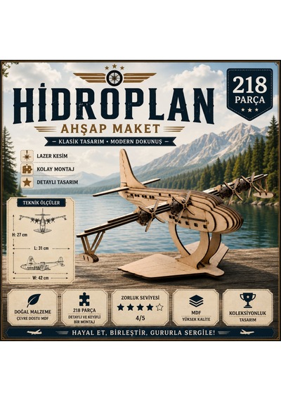 Vintage Hidroplan 3d Ahşap Maket 218 Parça Lazer Kesim Mdf Kolay Montaj Koleksiyonluk Uçak Maketi