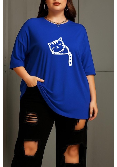 Büyük Beden Çizgili Uykusuz Kedi Baskılı Unisex Tişört Saks Mavisi