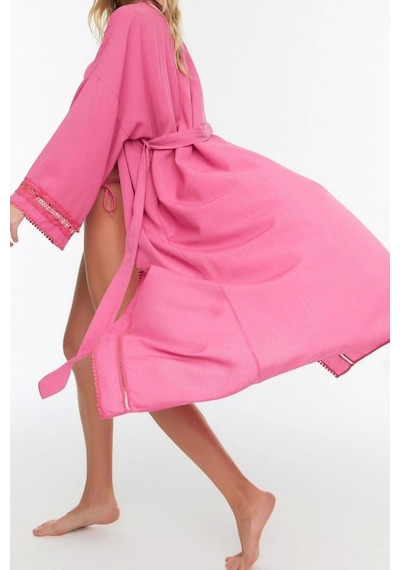 Ersefa Moda Dokuma Regular Kalıp Uzun V Yaka Standart Kol Crinkle Basic Pembe