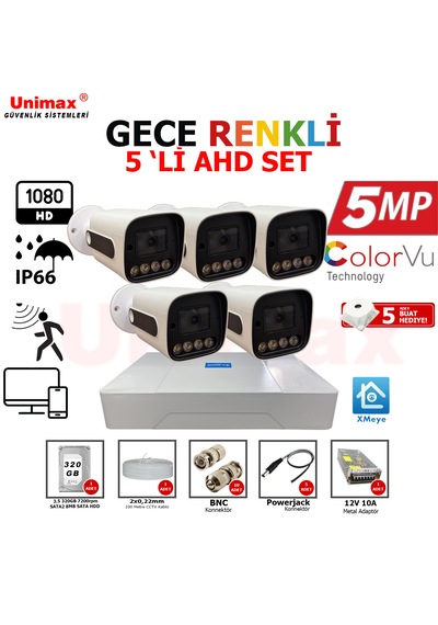 Unımax 5mp Sony Lens 5 Kameralı Güvenlik Seti 100m Kablo 30m Gece Görüş Xmeye Warmled