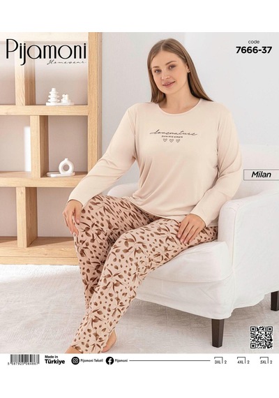 Pijamoni Kadın Milan Büyük Beden Bisiklet Yaka Uzun Kol İnce Pijama Takımı 7666/37 - 1 Adet Ekru Pijamoni Kadın Milan Büyük Beden Bisiklet Yaka Uzun Kol İnce Pijama Takımı 7666/37 - 1 Adet Ekru
