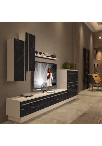 Decoraktiv Eko 6b Mdf Std Tv Ünitesi Tv Sehpası Beyaz - Siyah Mermer