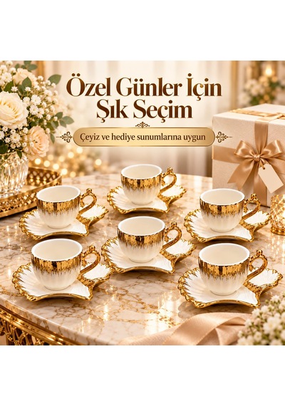 Valkyrie 6 Kişilik 12 Parça Gold Fiyonklu Porselen Türk Kahvesi Fincan Seti 80 Ml Kutulu Beyaz Altın