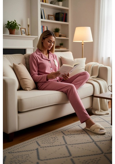 Benerly Kadın Gömlek Yaka Standart Kol Regular Kalıp Polar Pijama Takımı Gül kurusu