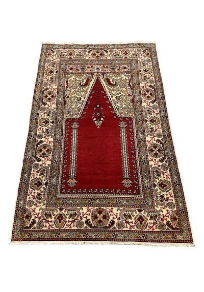 El Dokuması Sıfır Bürüngüz Halısı 107x171 Mihraplı Model Antika Kök Boya Yün Halı Kırmızı