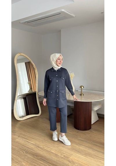 Esra Butik78 Kadın Günlük Scuba Kumaş Pantolonlu Takım 82121710-lacivert
