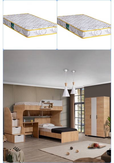 Ranza, Aura Ranza Karyola Masa 3 Kapaklı Dolap + 2 Comfort Yatak Ceviz - Beyaz 90 X 190 CM Ranza, Aura Ranza Karyola Masa 3 Kapaklı Dolap + 2 Comfort Yatak Ceviz - Beyaz 90 X 190 CM