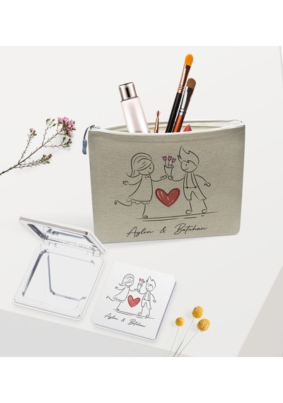 Bk Gift Kişiye Özel Keten Makyaj Çantası Ve Ayna Seti, Sevgiliye Hediye, Sevgililer Günü Hediyesi, Doğum Günü Hediyesi