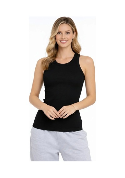 Kadın Fitilli Atlet Sıfır Yaka Slim Fit Arka Baskılı Spor Atlet - Siyah