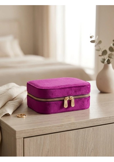 Takı Kutusu Düzenleyici Seyahat Çantası Kolye Yüzük Küpe Organizer Kadife Mor 12cmx8cm