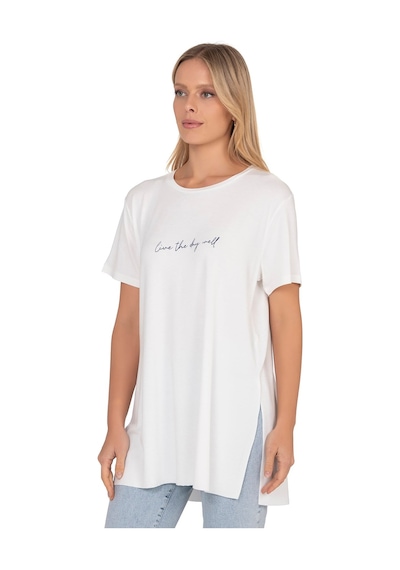 Kadın Oversize Basic Minimal Yazı Detaylı Bluz Ekru 27082 Ekru