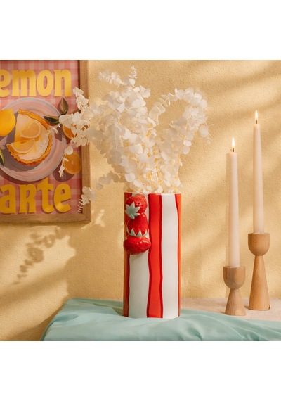 Deco Çizgili Çilek Vazo - Kırmızı - 23x11 Cm Çok Renkli