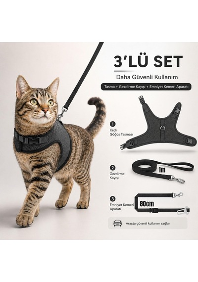 3 Kat File Yeni Nesil Nefes Alabilen Kedi Göğüs Tasma 3'lü Set Siyah Siyah L