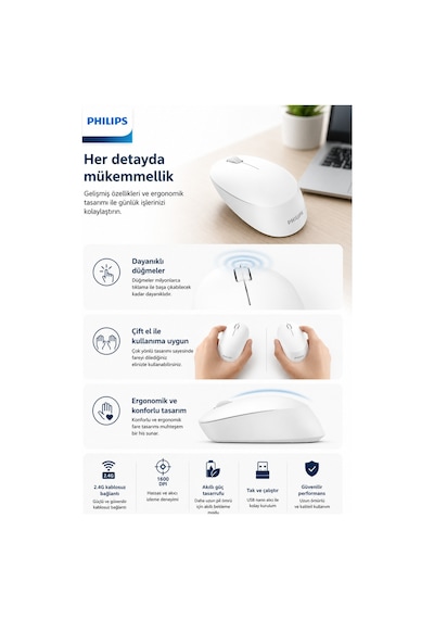 Philips SPK7307WL/00 Kablosuz Optik Mouse 2.4GH 1600 DPI Sessiz Tıklama Ergonomik Beyaz