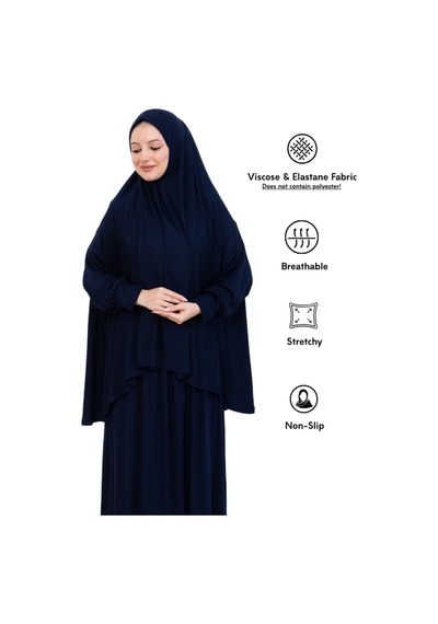 Modish Group İki Parça Namaz Elbisesi Uzun Pamuklu Tesettür Giyim Abaya & Başörtüsü Set Lacivert