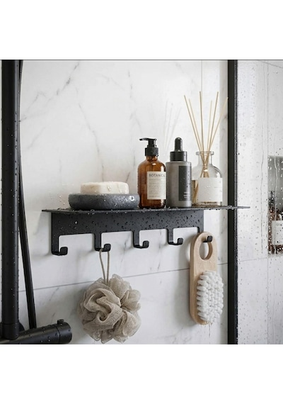 Yapışkanlı Metal Banyo Rafı 5 Kancalı Duvar Rafı Organizer Dekoratif Raf Siyah Paslanmaz Duvar