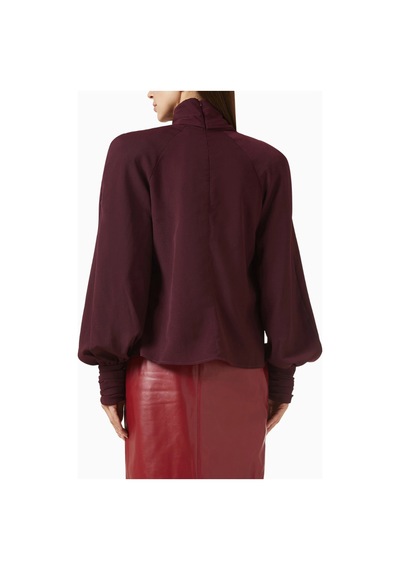 Rowen Rose Oversized Bow - Neck Blouse, Lüks Georgette Yüksek Yakalı Şık Balon Kollu Bluz Bordo