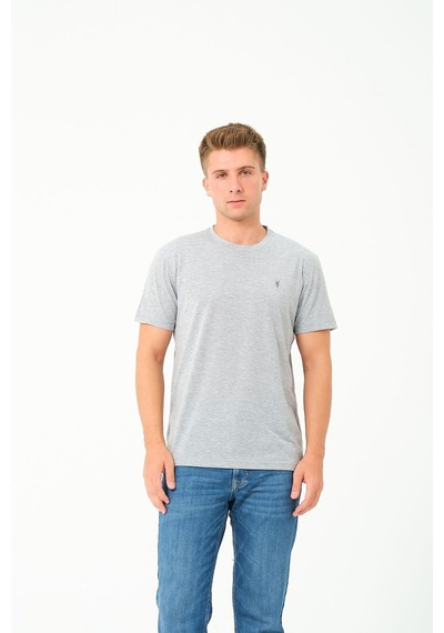 Erkek Basic Göğüs Nakış Detaylı Standart Fit Normal Kesim %100 Pamuk T-shirt Gri Melanj
