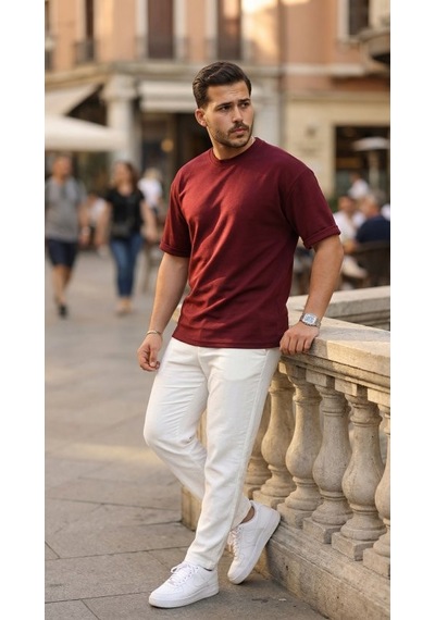 Veraura Lifestyle Erkek Duble Kol Basic Tişört Bordo