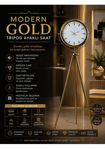 Modern Gold Tripod Ayaklı Saat